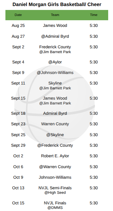 Basketball and Cheer Schedule